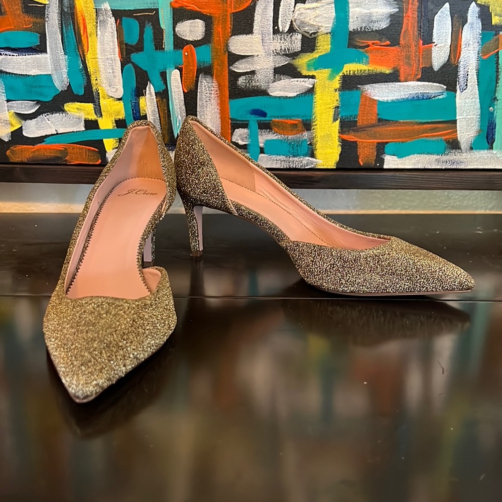 J Crew Gold Collette Glitter Sparkle D’orsay Heels Lurex